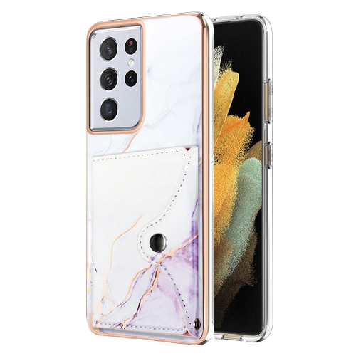 

For Samsung Galaxy S21 Ultra 5G Marble Pattern IMD Card Slot Phone Case(White Purple)