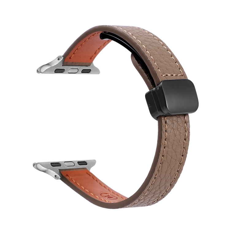 

For Apple Watch 38mm Slim Magnetic Buckle Genuine Leather Watch Band(Litchi Coffee)