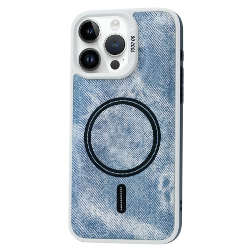 

For iPhone 14 Pro Max Contrast Color Denim MagSafe Magnetic Phone Case(Blue)