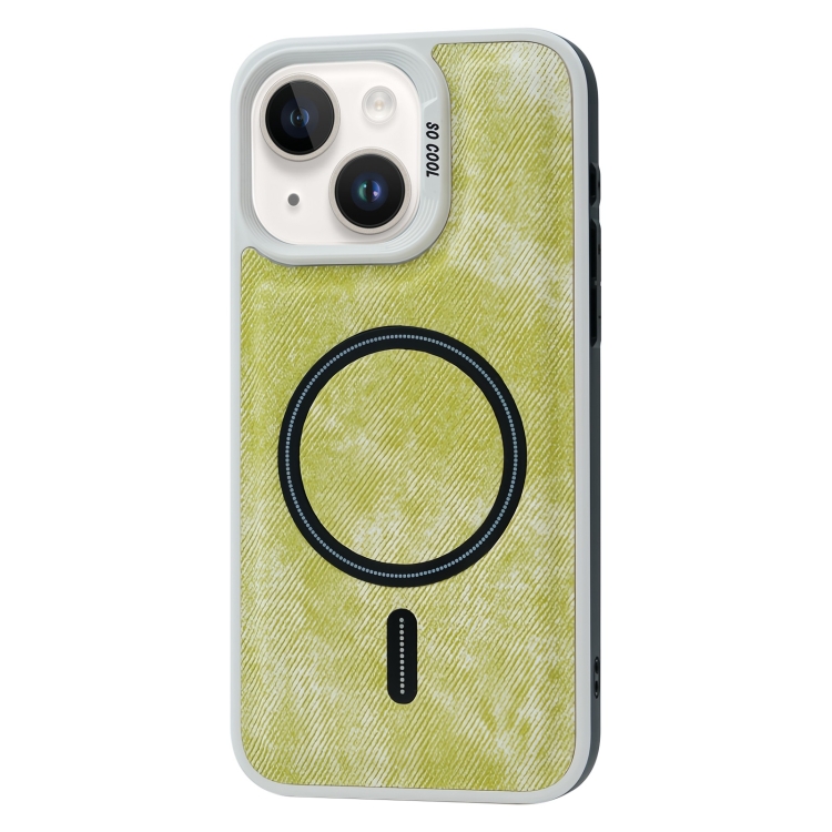 

For iPhone 15 Plus Contrast Color Denim MagSafe Magnetic Phone Case(Yellow Green)