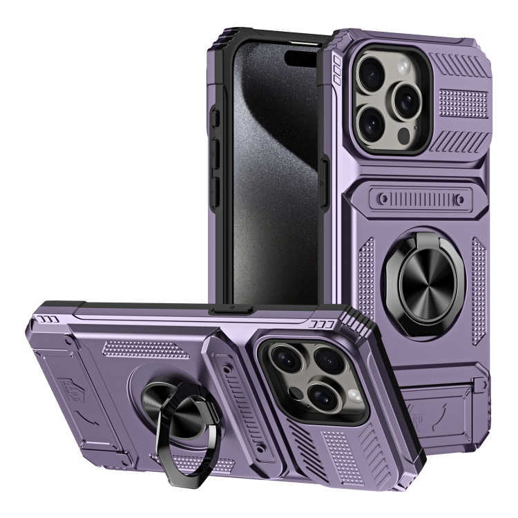

For iPhone 15 Pro Max TPU+PC Shockproof Card Phone Case with Metal Ring Holder(Purple)