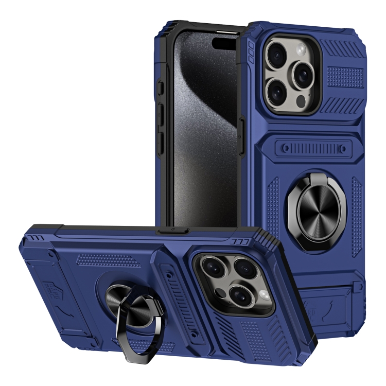 

For iPhone 15 Pro TPU+PC Shockproof Card Phone Case with Metal Ring Holder(Blue)
