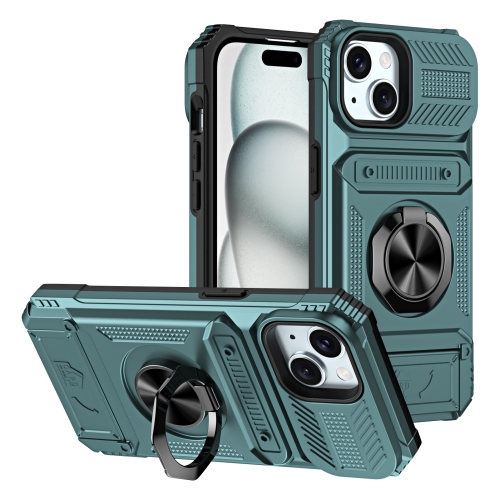 

For iPhone 15 TPU+PC Shockproof Card Phone Case with Metal Ring Holder(Green)