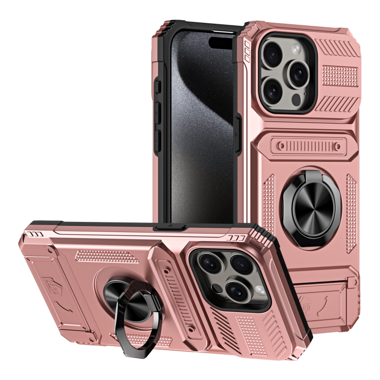 

For iPhone 14 Pro TPU+PC Shockproof Card Phone Case with Metal Ring Holder(Rose Gold)