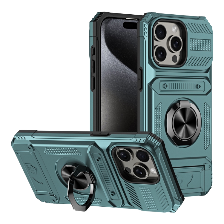 

For iPhone 14 Pro TPU+PC Shockproof Card Phone Case with Metal Ring Holder(Green)