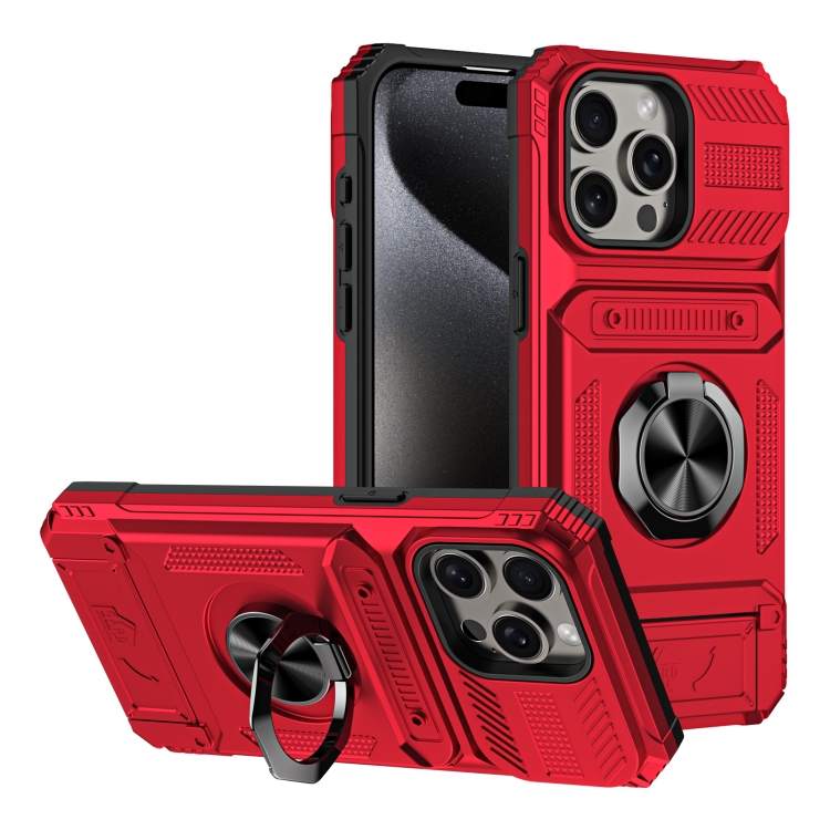 

For iPhone 14 Pro Max TPU+PC Shockproof Card Phone Case with Metal Ring Holder(Red)