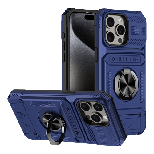 

For iPhone 13 Pro Max TPU+PC Shockproof Card Phone Case with Metal Ring Holder(Blue)