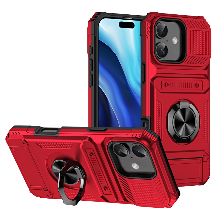 

For iPhone 16 TPU+PC Shockproof Card Phone Case with Metal Ring Holder(Red)
