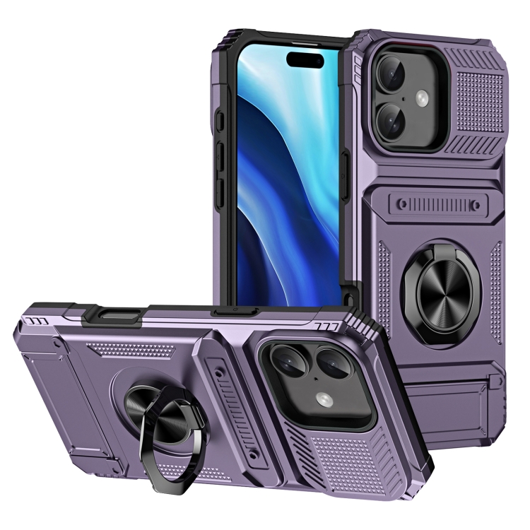 

For iPhone 16 TPU+PC Shockproof Card Phone Case with Metal Ring Holder(Purple)