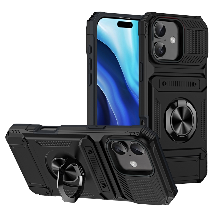

For iPhone 16 TPU+PC Shockproof Card Phone Case with Metal Ring Holder(Black)
