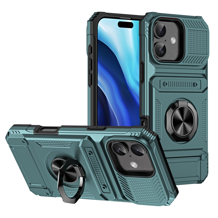 

For iPhone 16 TPU+PC Shockproof Card Phone Case with Metal Ring Holder(Green)