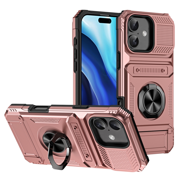 

For iPhone 16 Plus TPU+PC Shockproof Card Phone Case with Metal Ring Holder(Rose Gold)