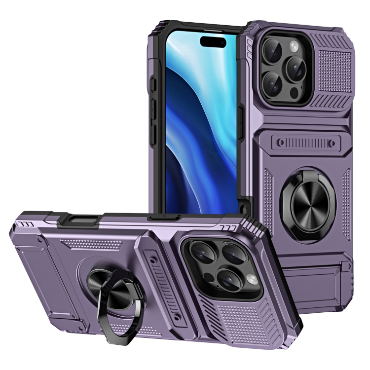 

For iPhone 16 Pro TPU+PC Shockproof Card Phone Case with Metal Ring Holder(Purple)