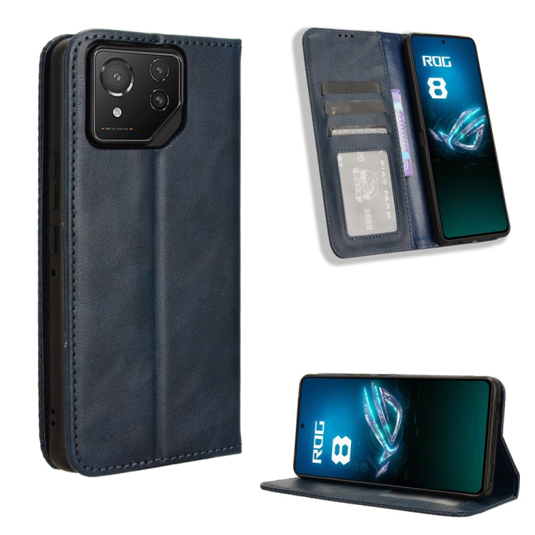 

For ASUS ROG Phone 8 / 8 Pro Magnetic Buckle Retro Texture Leather Phone Case(Blue)