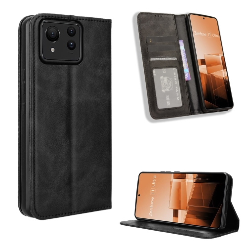 

For Asus Zenfone 11 Ultra Magnetic Buckle Retro Texture Leather Phone Case(Black)