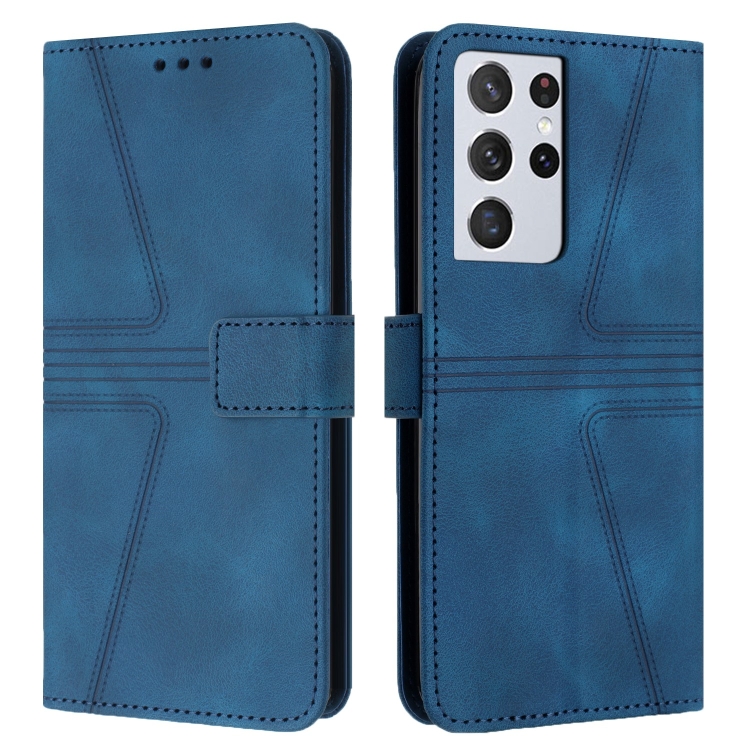 

For Samsung Galaxy S21 Ultra 5G Triangle Solid Color Leather Phone Case(Blue)