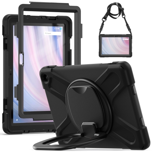 

For Amazon Kindle Fire HD10 2023 Silicone Hybrid PC Tablet Case with Holder & Shoulder Strap(Black)