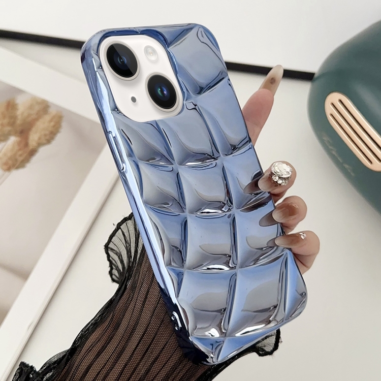

For iPhone 15 Plus Curved Plaid Plated Metallic Paint TPU Phone Case(Blue)