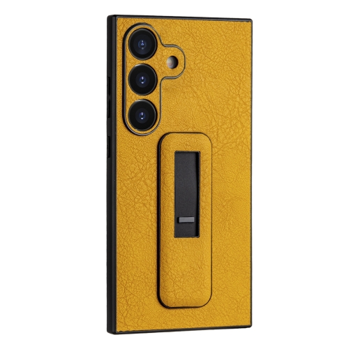 For Samsung Galaxy S24+ 5G PU Leather Push-pull Bracket Shockproof Phone Case(Yellow)
