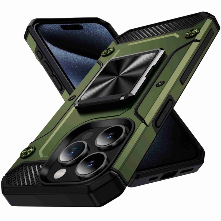 

For iPhone 15 Pro Max Shockproof Metal Holder Phone Case(Olive Green)