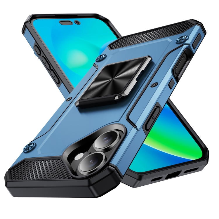 

For iPhone 16 Shockproof Metal Holder Phone Case(Navy Blue)