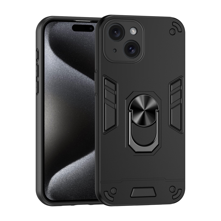 

For iPhone 15 Shockproof Metal Ring Holder Phone Case(Black)