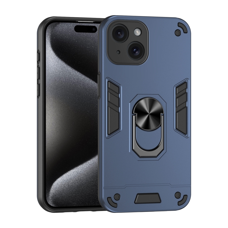 

For iPhone 15 Shockproof Metal Ring Holder Phone Case(Blue)