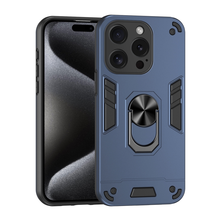 

For iPhone 15 Pro Shockproof Metal Ring Holder Phone Case(Blue)