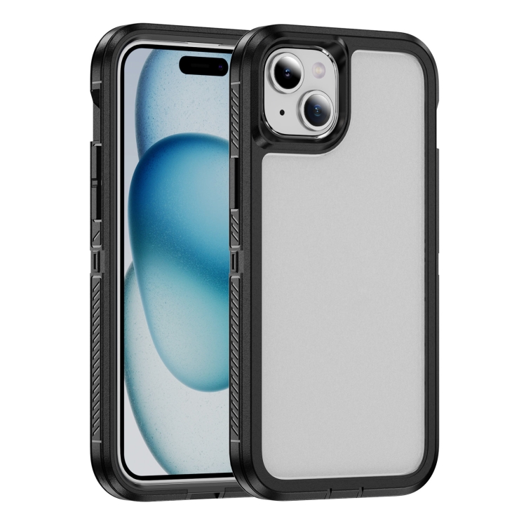 

For iPhone 15 Guard Frosted Double Layer Phone Case(Black+Transparent)