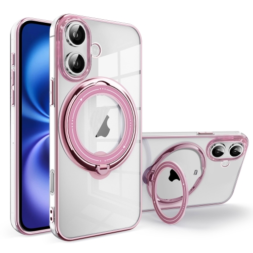 

For iPhone 16 Plus Electroplating MagSafe 360 Degree Rotation Holder Shockproof Phone Case(Pink)