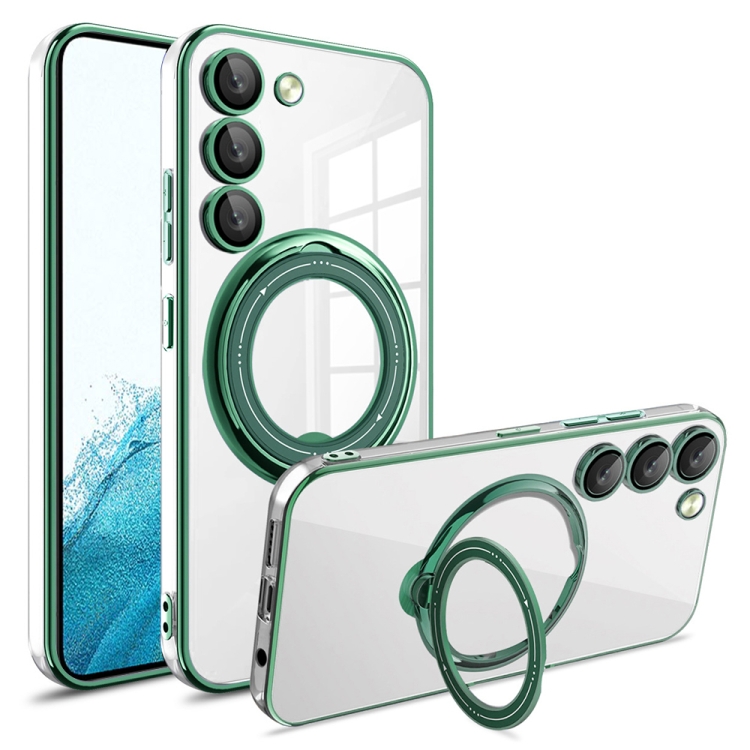 

For Samsung Galaxy S22 Electroplating MagSafe 360 Degree Rotation Holder Shockproof Phone Case(Dark Green)