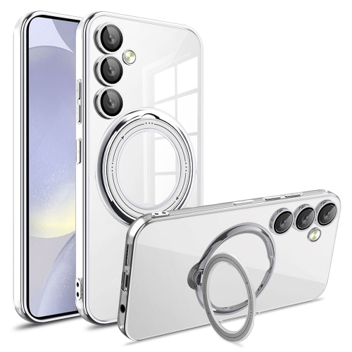 

For Samsung Galaxy S24 Electroplating MagSafe 360 Degree Rotation Holder Shockproof Phone Case(Silver)