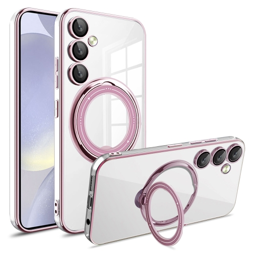 

For Samsung Galaxy S24 Electroplating MagSafe 360 Degree Rotation Holder Shockproof Phone Case(Pink)