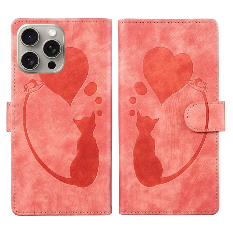 

For iPhone 15 Pro Pen Heart Cat Embossed Leather Phone Case(Orange)