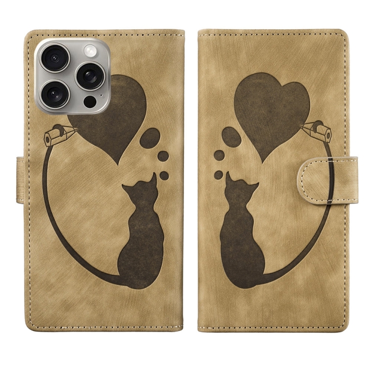 

For iPhone 15 Pro Pen Heart Cat Embossed Leather Phone Case(Apricot)