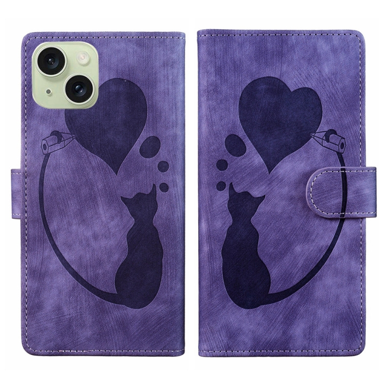 

For iPhone 15 Plus Pen Heart Cat Embossed Leather Phone Case(Purple)