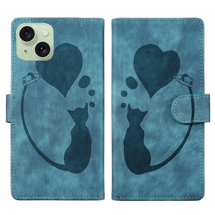 

For iPhone 15 Plus Pen Heart Cat Embossed Leather Phone Case(Blue)