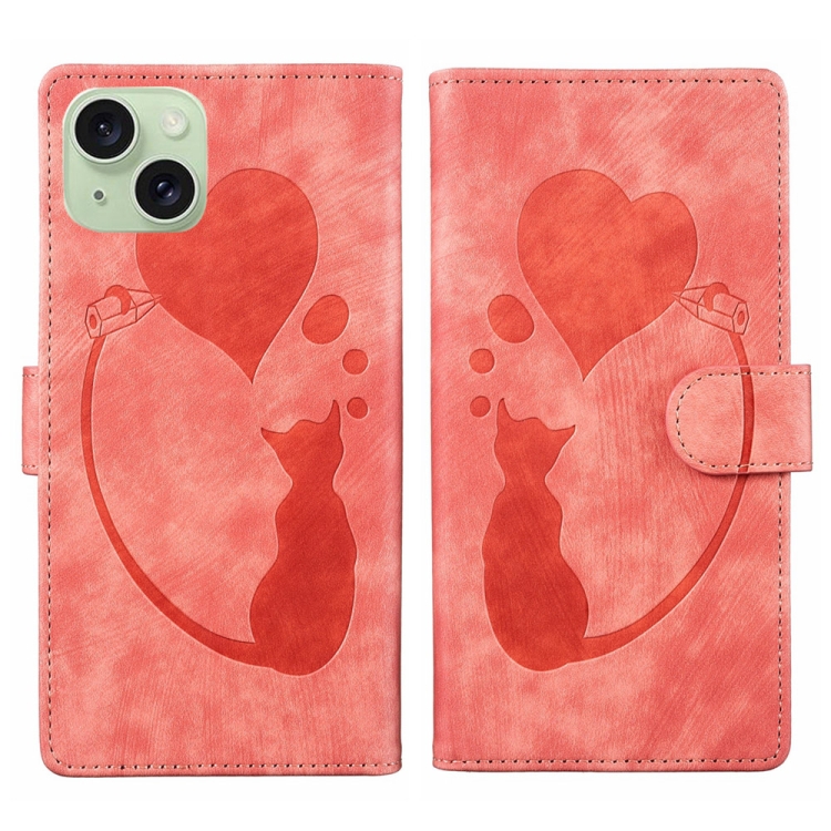 

For iPhone 15 Pen Heart Cat Embossed Leather Phone Case(Orange)