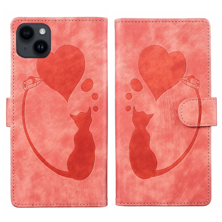

For iPhone 14 Plus Pen Heart Cat Embossed Leather Phone Case(Orange)