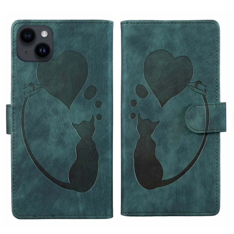 

For iPhone 14 Plus Pen Heart Cat Embossed Leather Phone Case(Green)