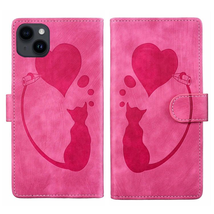 

For iPhone 14 Pen Heart Cat Embossed Leather Phone Case(Pink)