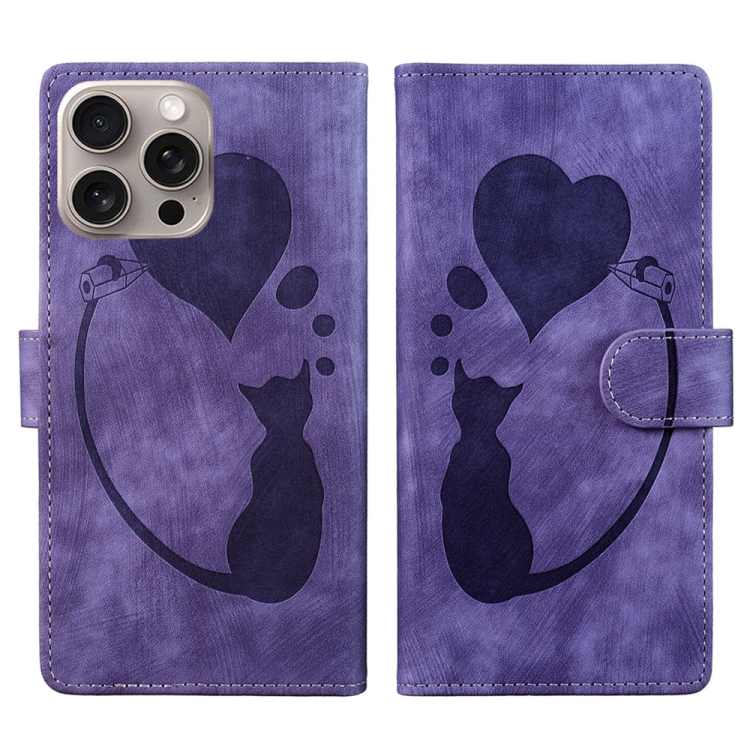 

For iPhone 14 Pro Pen Heart Cat Embossed Leather Phone Case(Purple)