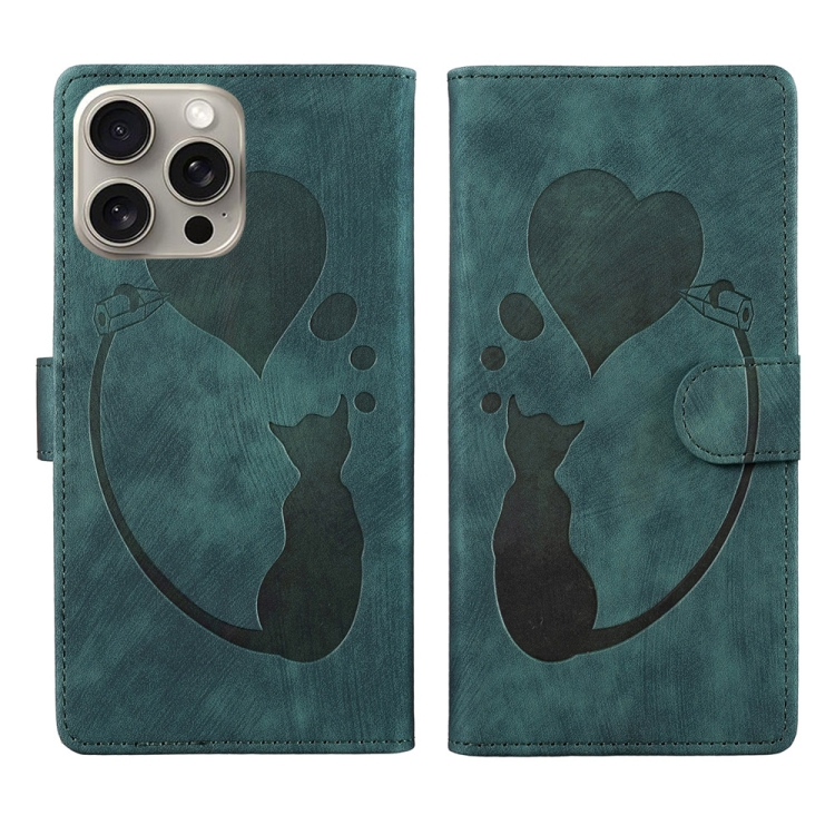 

For iPhone 14 Pro Max Pen Heart Cat Embossed Leather Phone Case(Green)