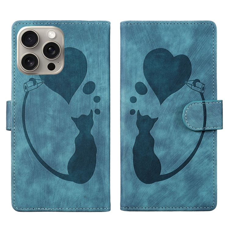 

For iPhone 14 Pro Max Pen Heart Cat Embossed Leather Phone Case(Blue)