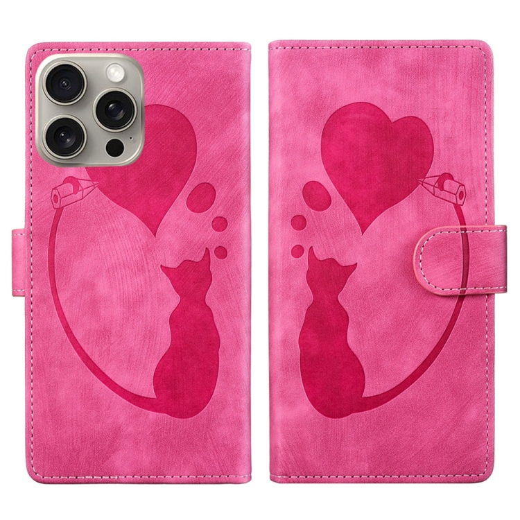 

For iPhone 14 Pro Max Pen Heart Cat Embossed Leather Phone Case(Pink)