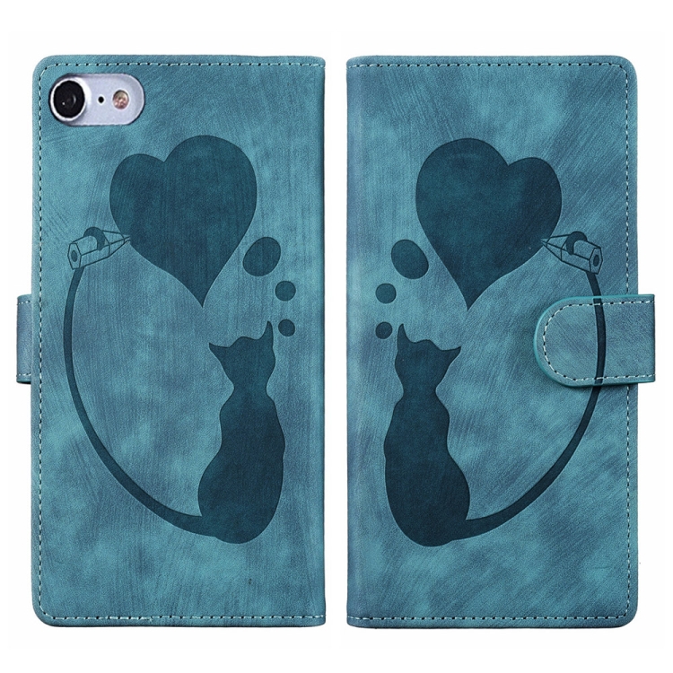 

For iPhone 7 / 8 / SE 2022 Pen Heart Cat Embossed Leather Phone Case(Blue)