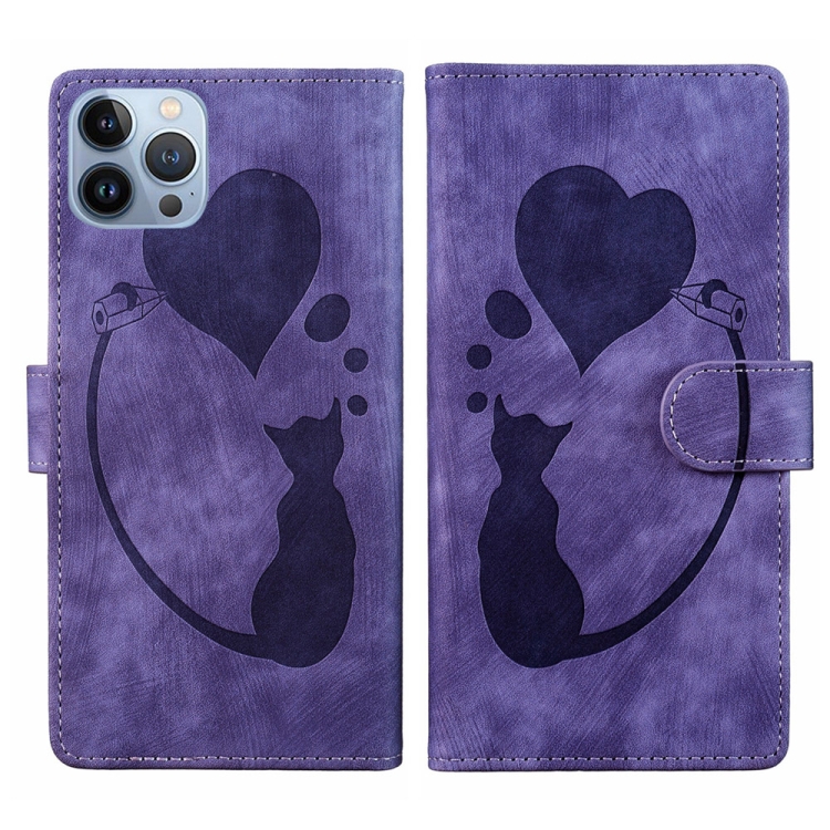 

For iPhone 13 Pro Max Pen Heart Cat Embossed Leather Phone Case(Purple)