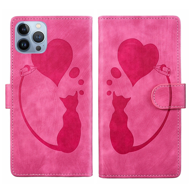

For iPhone 13 Pro Max Pen Heart Cat Embossed Leather Phone Case(Pink)