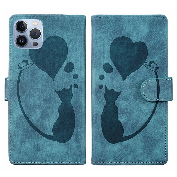 

For iPhone 13 Pro Pen Heart Cat Embossed Leather Phone Case(Blue)
