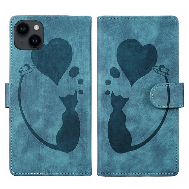 

For iPhone 13 Pen Heart Cat Embossed Leather Phone Case(Blue)